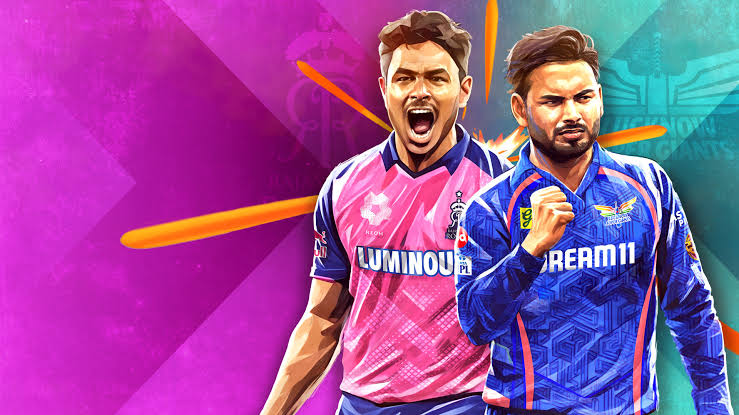 Two cricket players in colorful team jerseys