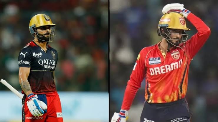 Two cricket players in different team uniforms