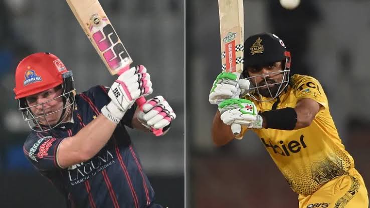 Two cricket players batting in different team uniforms
